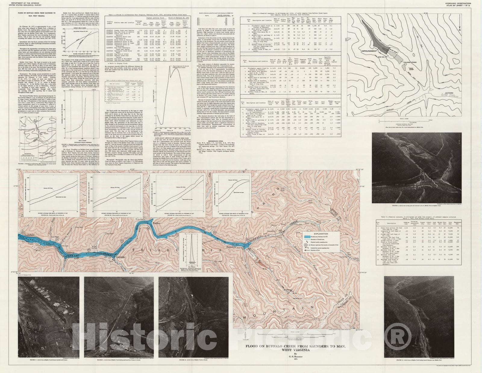 Map : Flood on Buffalo Creek from Saunders to Man, West Virginia, 1974 Cartography Wall Art :