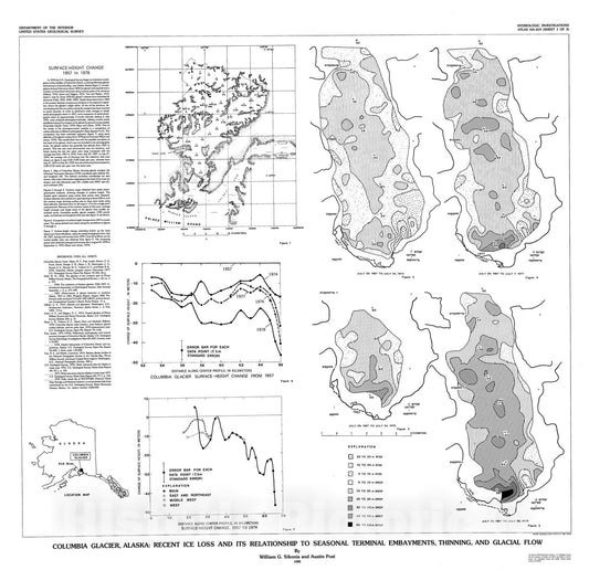 Map : Columbia Glacier, Alaska: recent ice loss and its relationship to seasonal terminal embayments, thinning, and glacial flow, 1980 Cartography Wall Art :