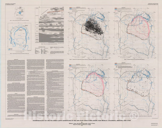 Map : Hydrogeology of the Pictured Cliffs Sandstone in the San Juan structural basin, New Mexico, Colorado, Arizona, and Utah, 1990 Cartography Wall Art :
