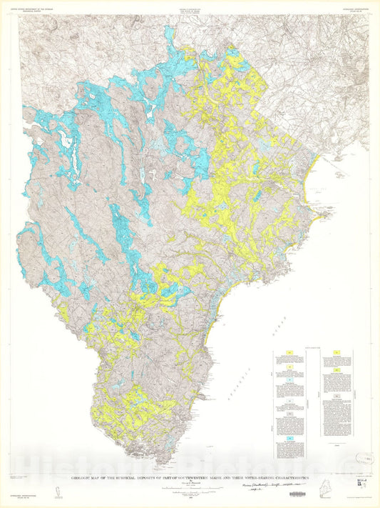 Map : Geologic map of the surficial deposits of part of southwestern Maine and their water-bearing characteristics, 1963 Cartography Wall Art :