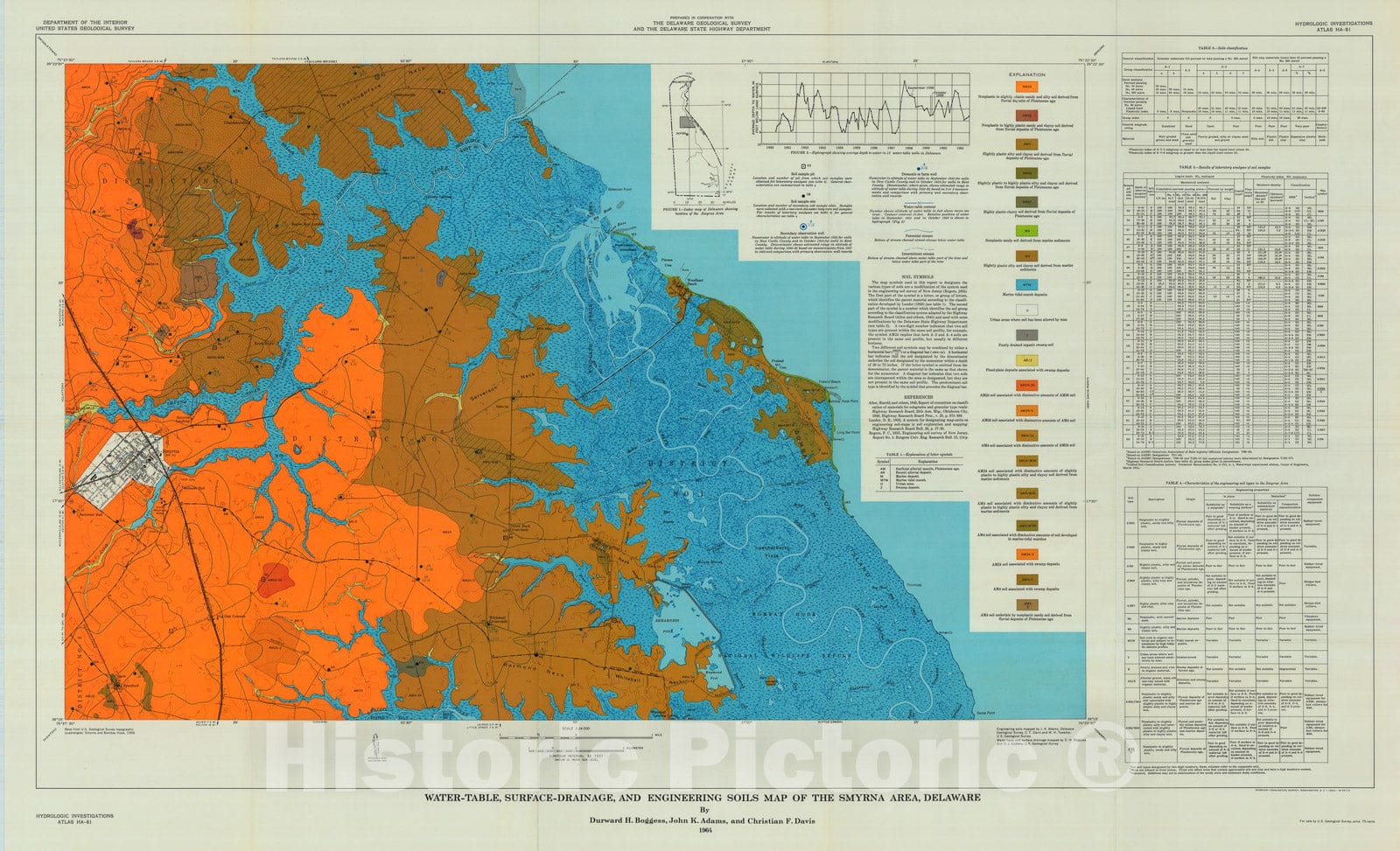 Map : Water-table, surface-drainage, and engineering soils map of the Smyrna area, Delaware, 1964 Cartography Wall Art :