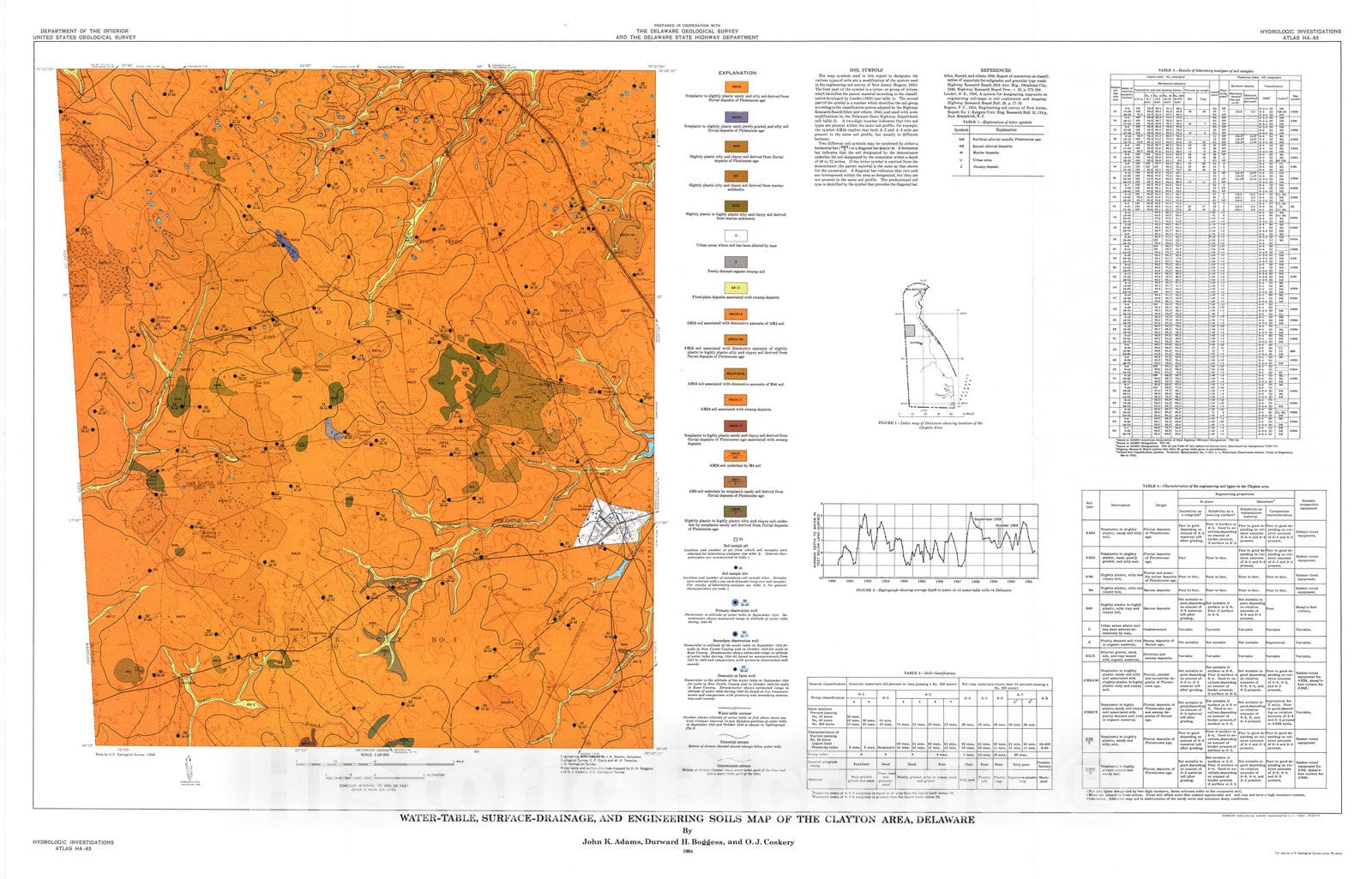 Map : Water-table, surface-drainage, and engineering soils map of the Clayton area, Delaware, 1964 Cartography Wall Art :