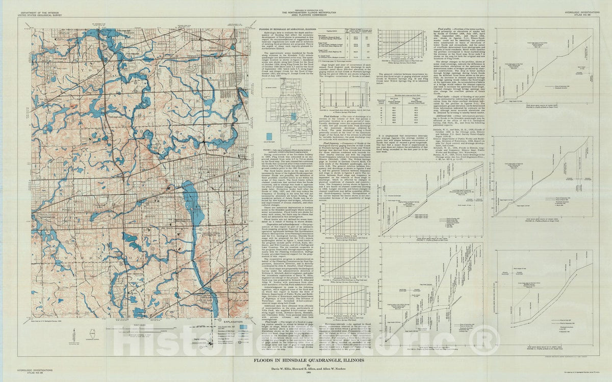 Map : Floods in the Hinsdale quadrangle, Illinois, 1964 Cartography Wall Art :