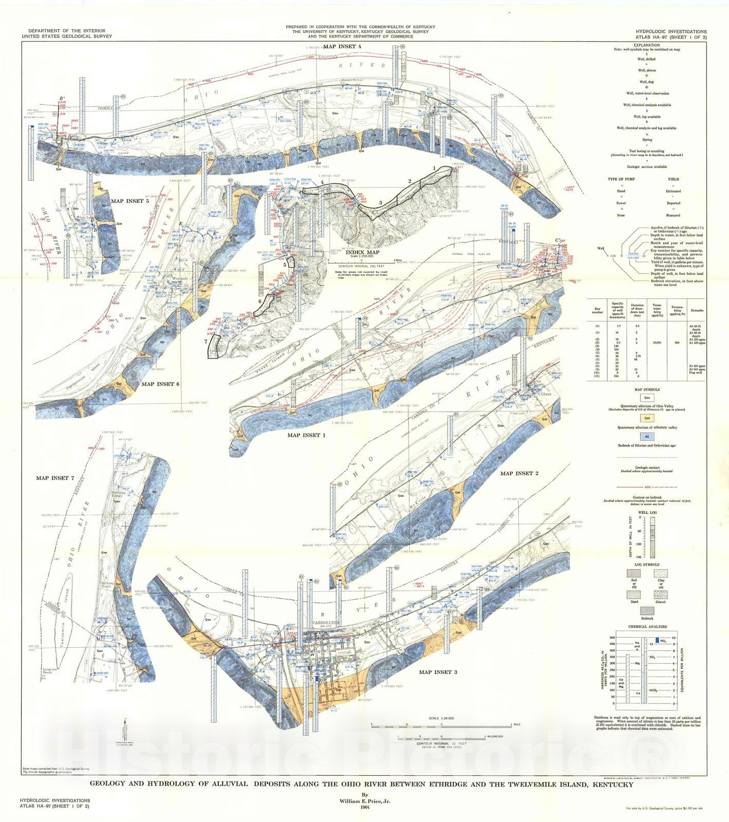 Map : Geology and hydrology of alluvial deposits along the Ohio River between Etheridge and the Twelvemile Island, Kentucky, 1964 Cartography Wall Art :