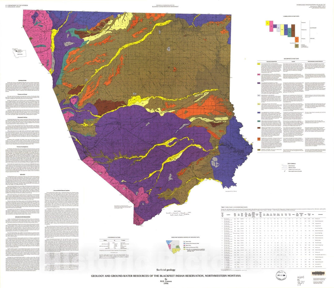 Map : Geology and ground-water resources of the Blackfeet Indian Reservation, northwestern Montana, 1996 Cartography Wall Art :