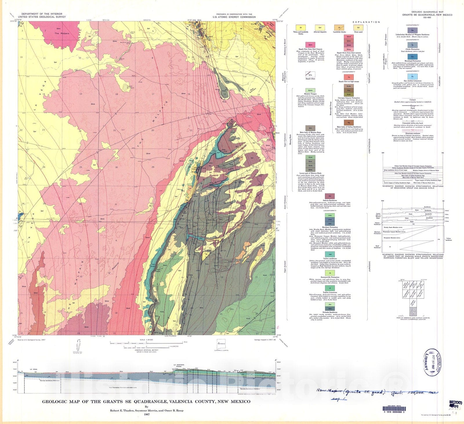 Map : Geologic map of the Grants SE quadrangle, Valencia County, New Mexico, 1967 Cartography Wall Art :