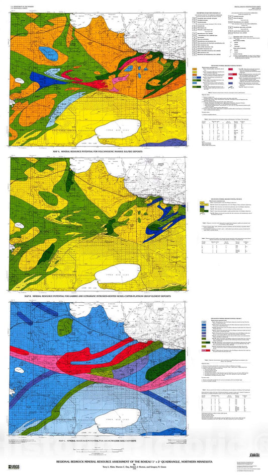 Map : Regional bedrock mineral resource assessment of the Roseau one degree X two degree quadrangle, northern Minnesota, one999 Cartography Wall Art :