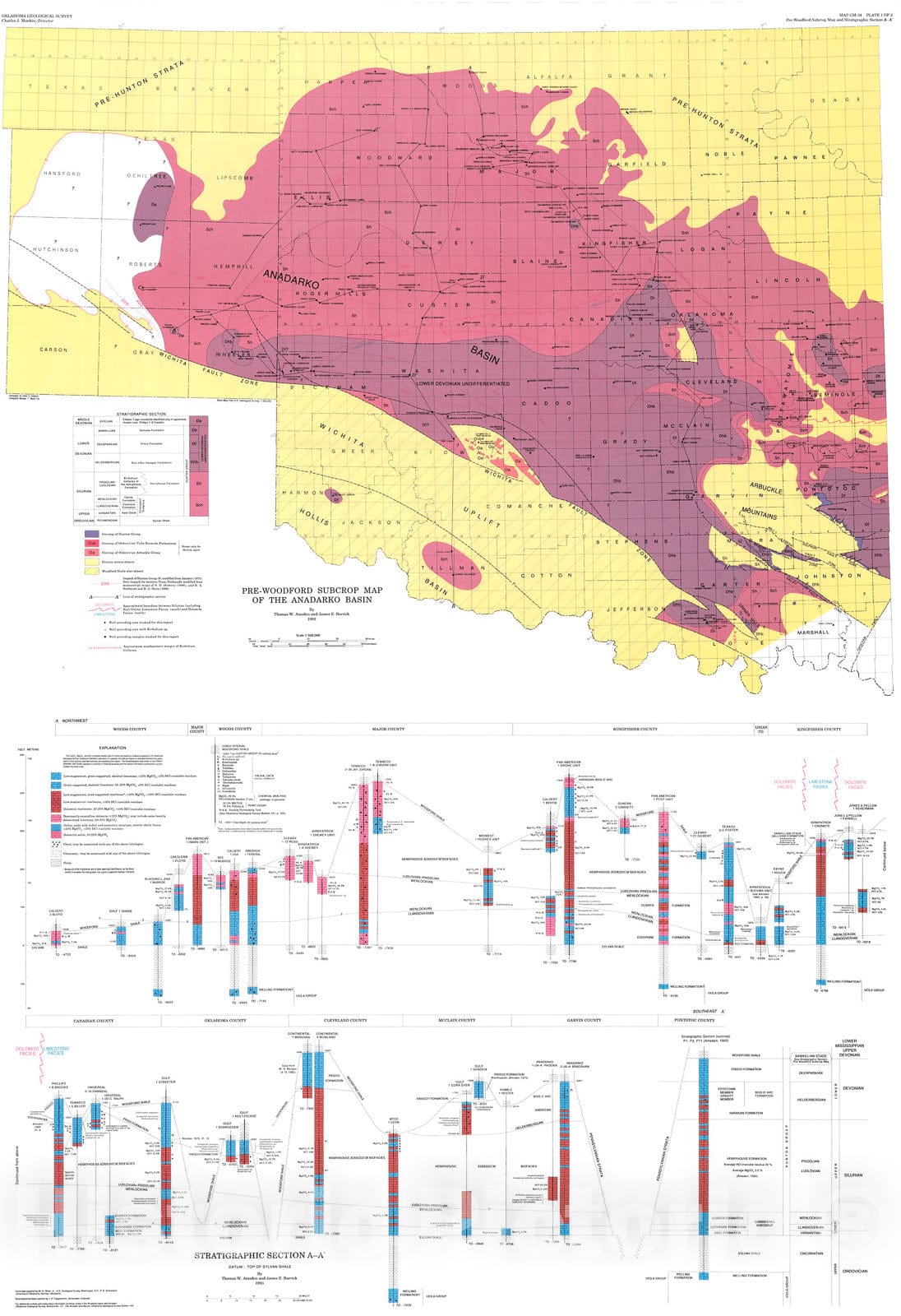 Map : Pre-Woodford subcrop map of the Anadarko basin, 1993 Cartography Wall Art :