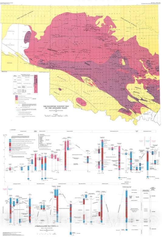 Map : Pre-Woodford subcrop map of the Anadarko basin, 1993 Cartography Wall Art :