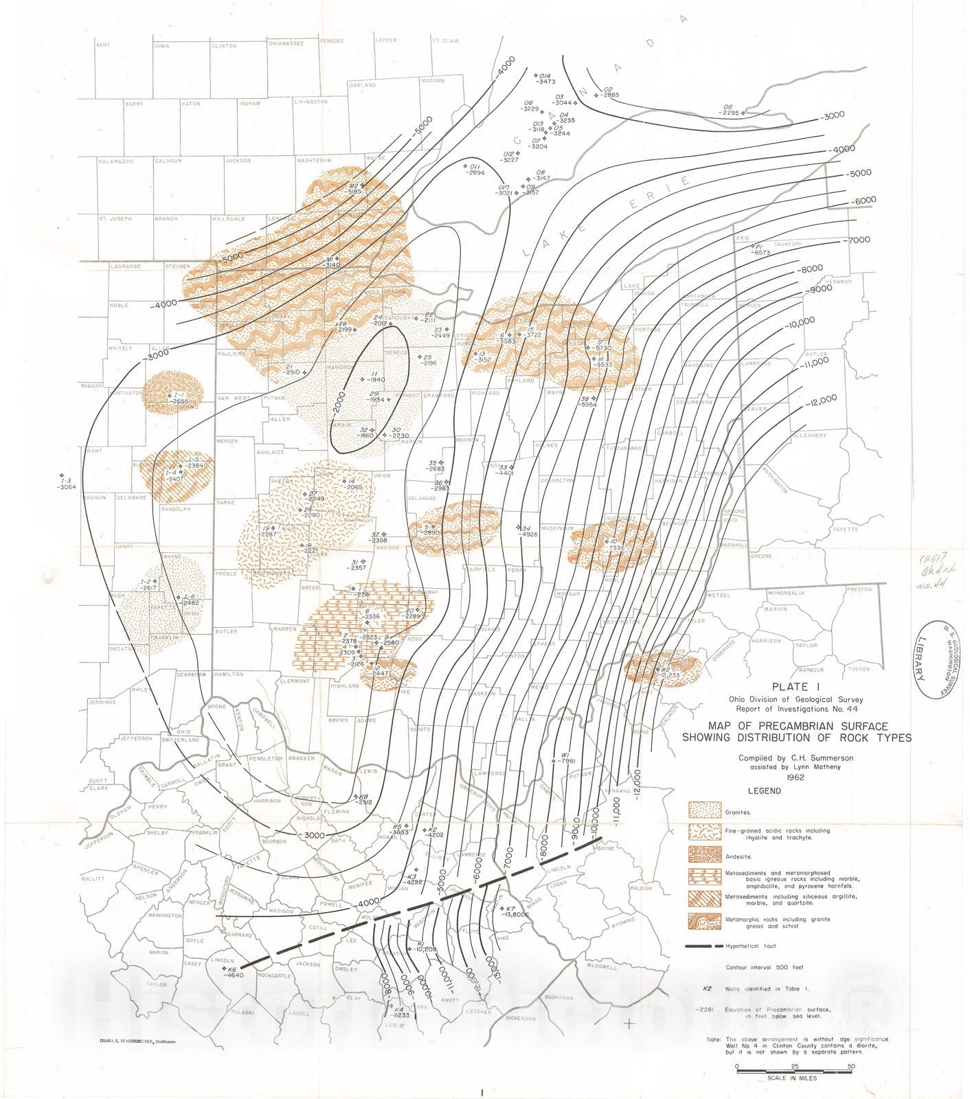 Map : Precambrian of Ohio and adjoining areas, 1962 Cartography Wall Art :