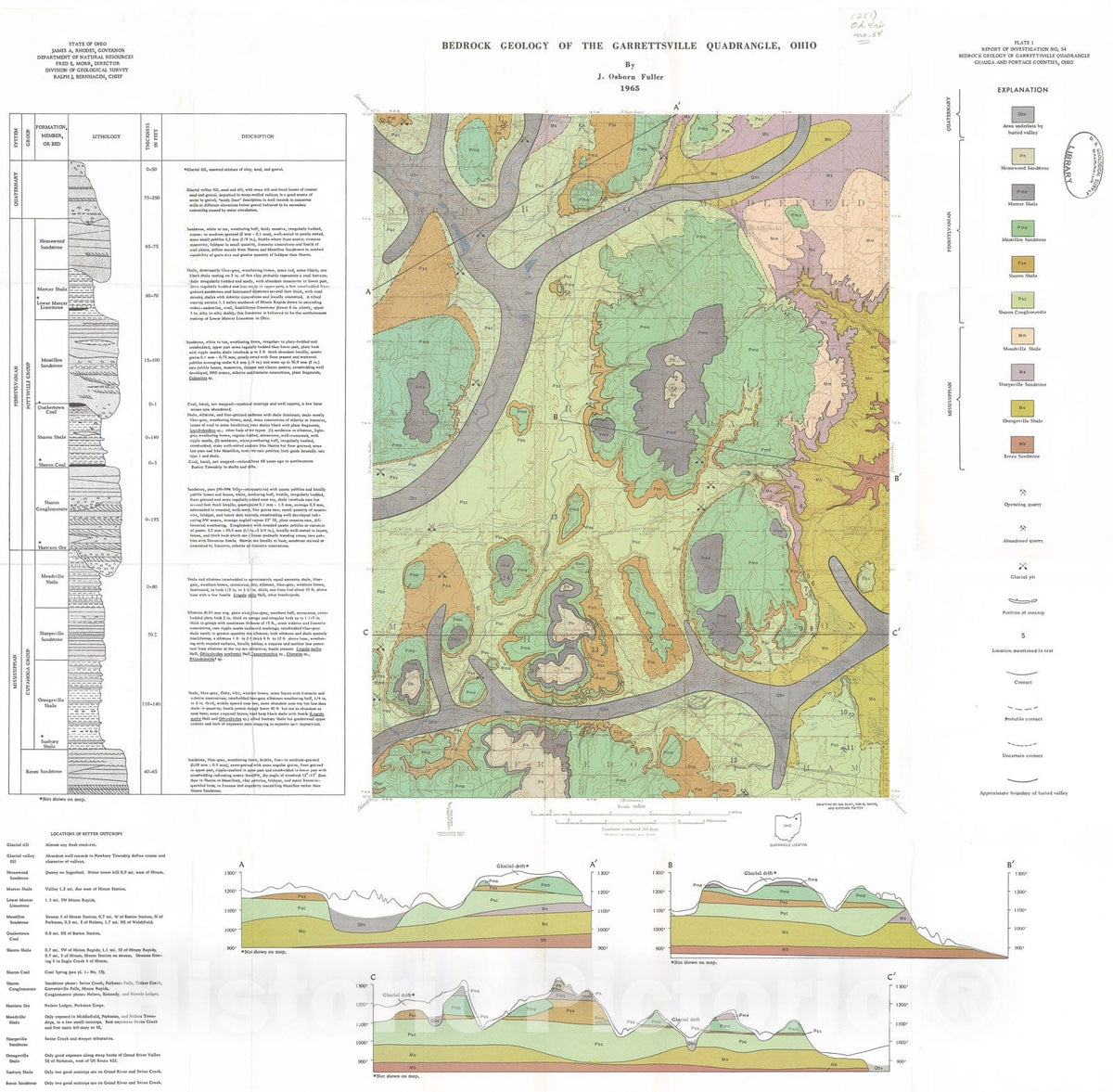 Map : Bedrock geology of the Garrettsville quadrangle, 1965 Cartography Wall Art :
