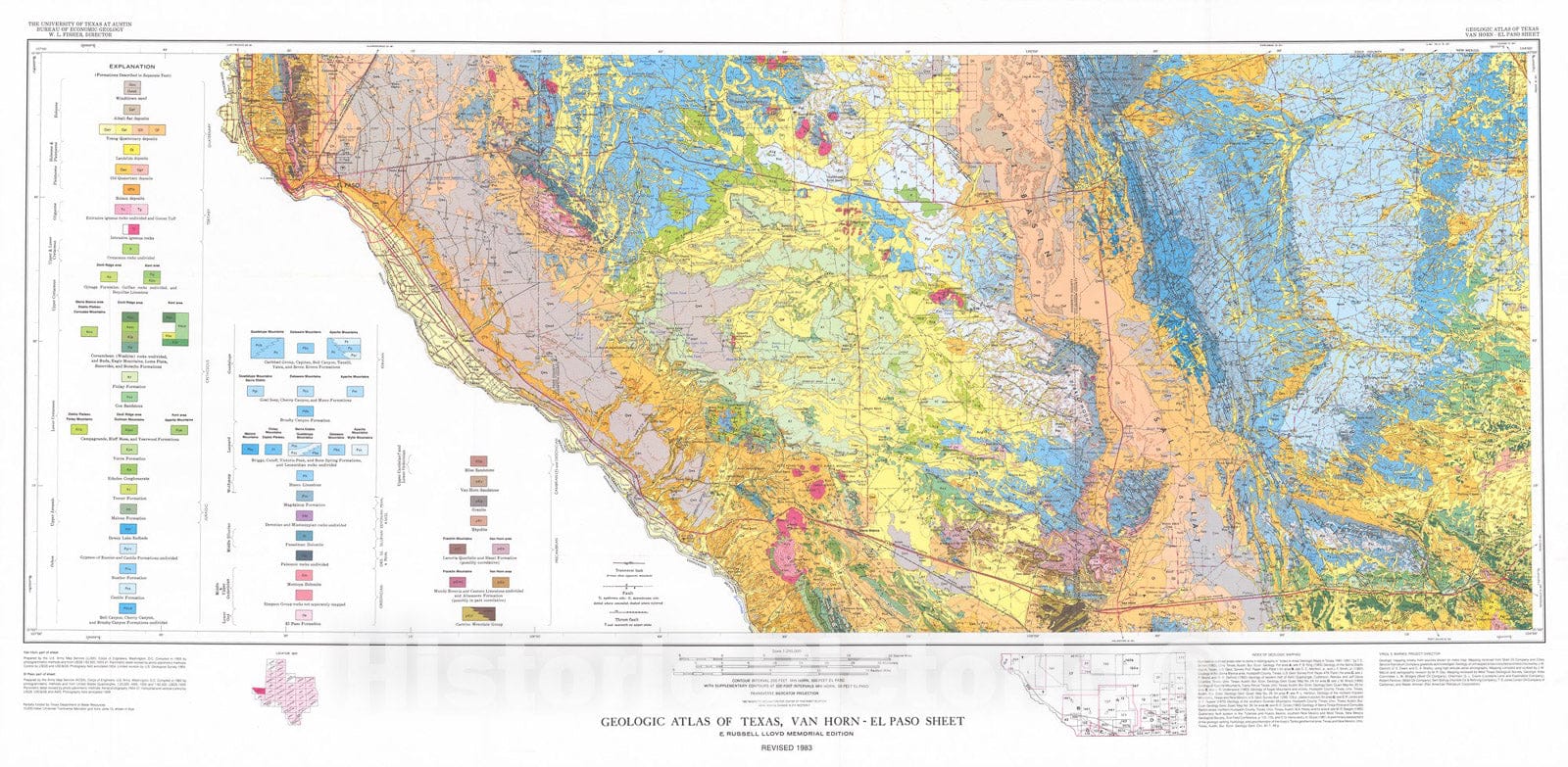 Map : Geologic atlas of Texas, Van Horn-El Paso sheet (revised 1983), 1968 Cartography Wall Art :