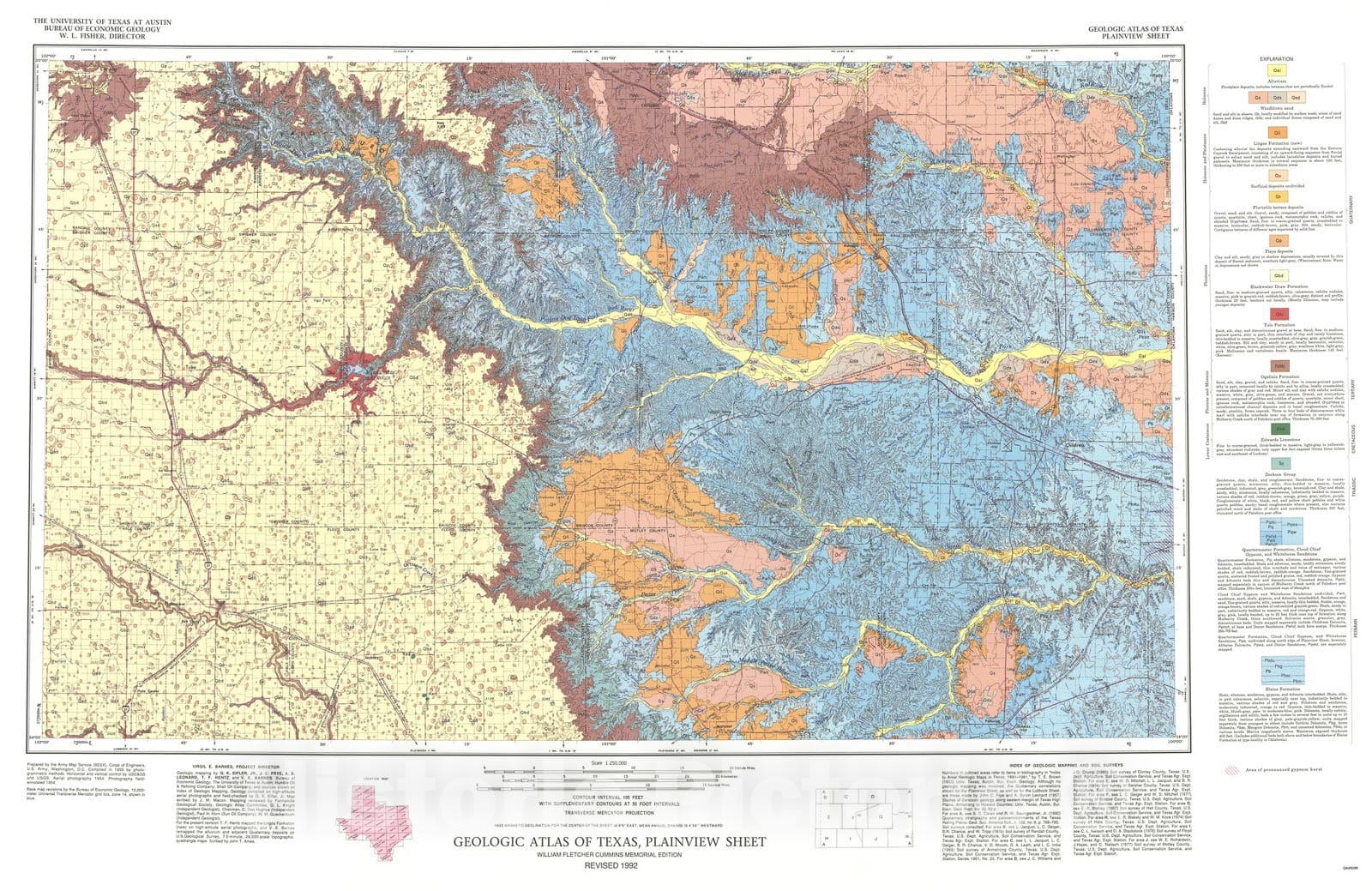 Map : Geologic atlas of Texas, Plainview sheet (revised 1992), 1968 Cartography Wall Art :