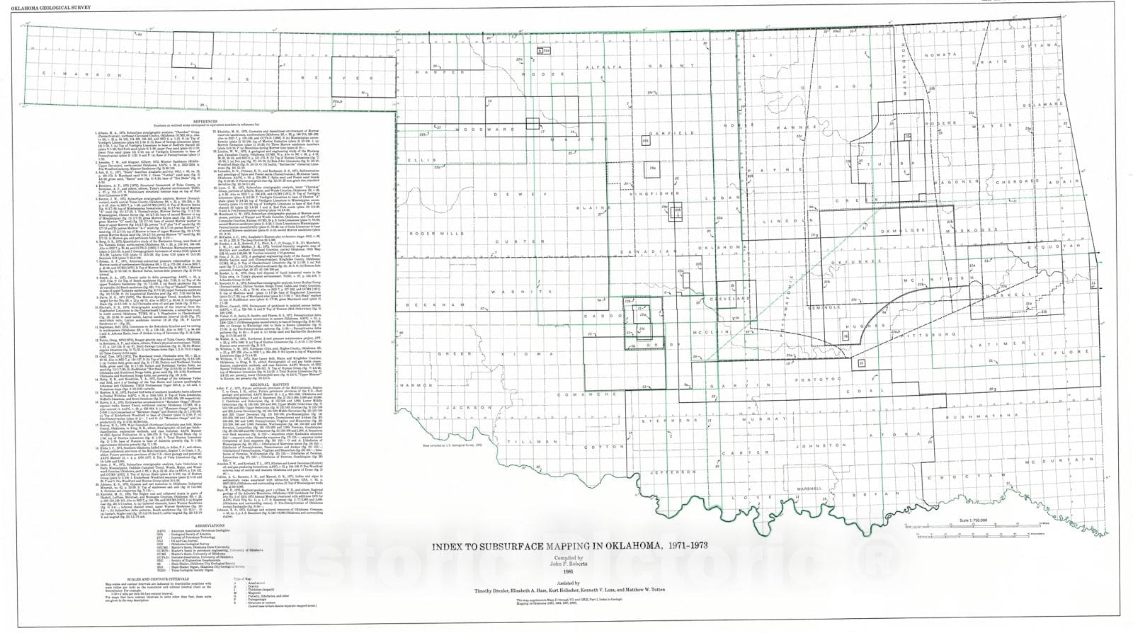 Map : Index to surface geologic mapping in Oklahoma (through 1976), 1981 Cartography Wall Art :