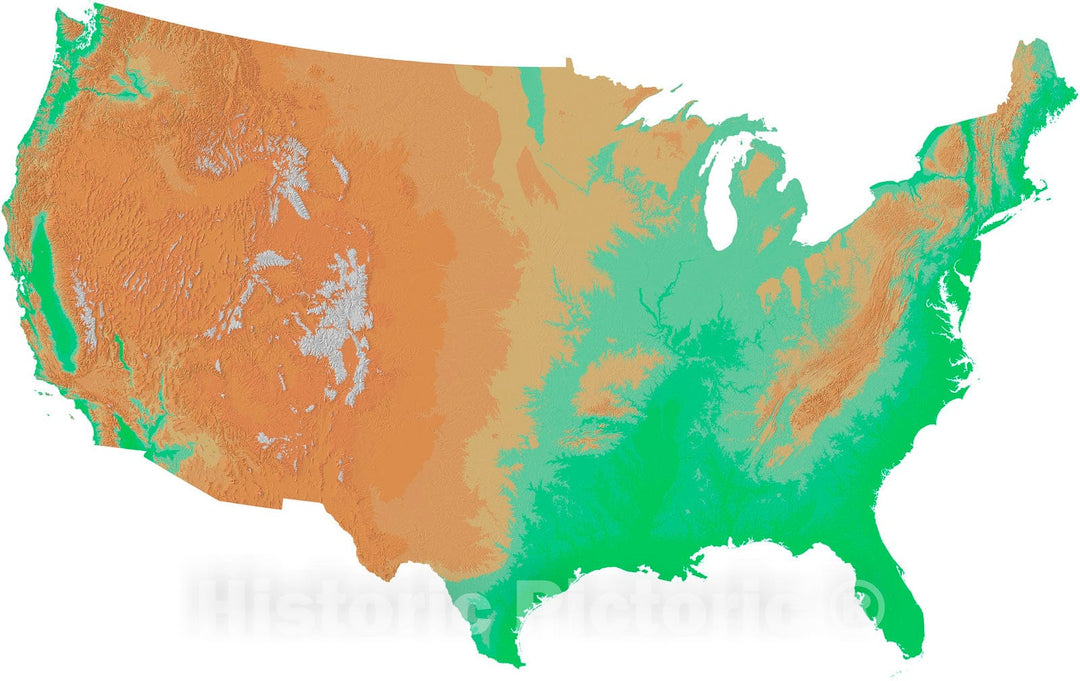 Map : Color shaded relief map of the conterminous United States, 1999 Cartography Wall Art :