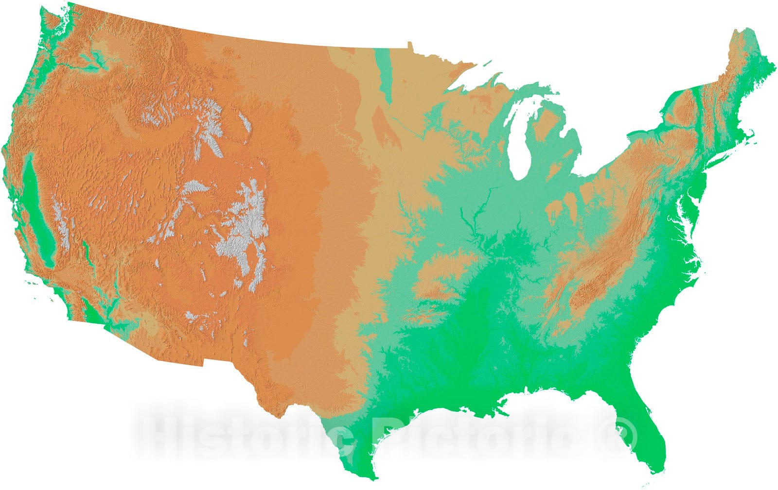 Map : Color shaded relief map of the conterminous United States, 1999 Cartography Wall Art :