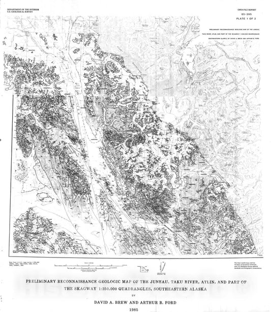 Map : Preliminary reconnaissance geologic map of the Juneau, Taku River, Atlin, and part of the Skagway 1:250,000 quadrangles, southeastern Alaska, 1985 Cartography Wall Art :
