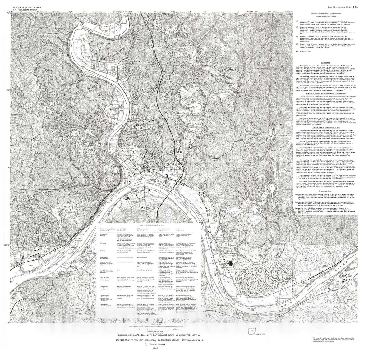 Map : Preliminary slope stability map showing relative susceptibility to landsliding in the Marietta area, Washington County, southeastern Ohio, 1985 Cartography Wall Art :