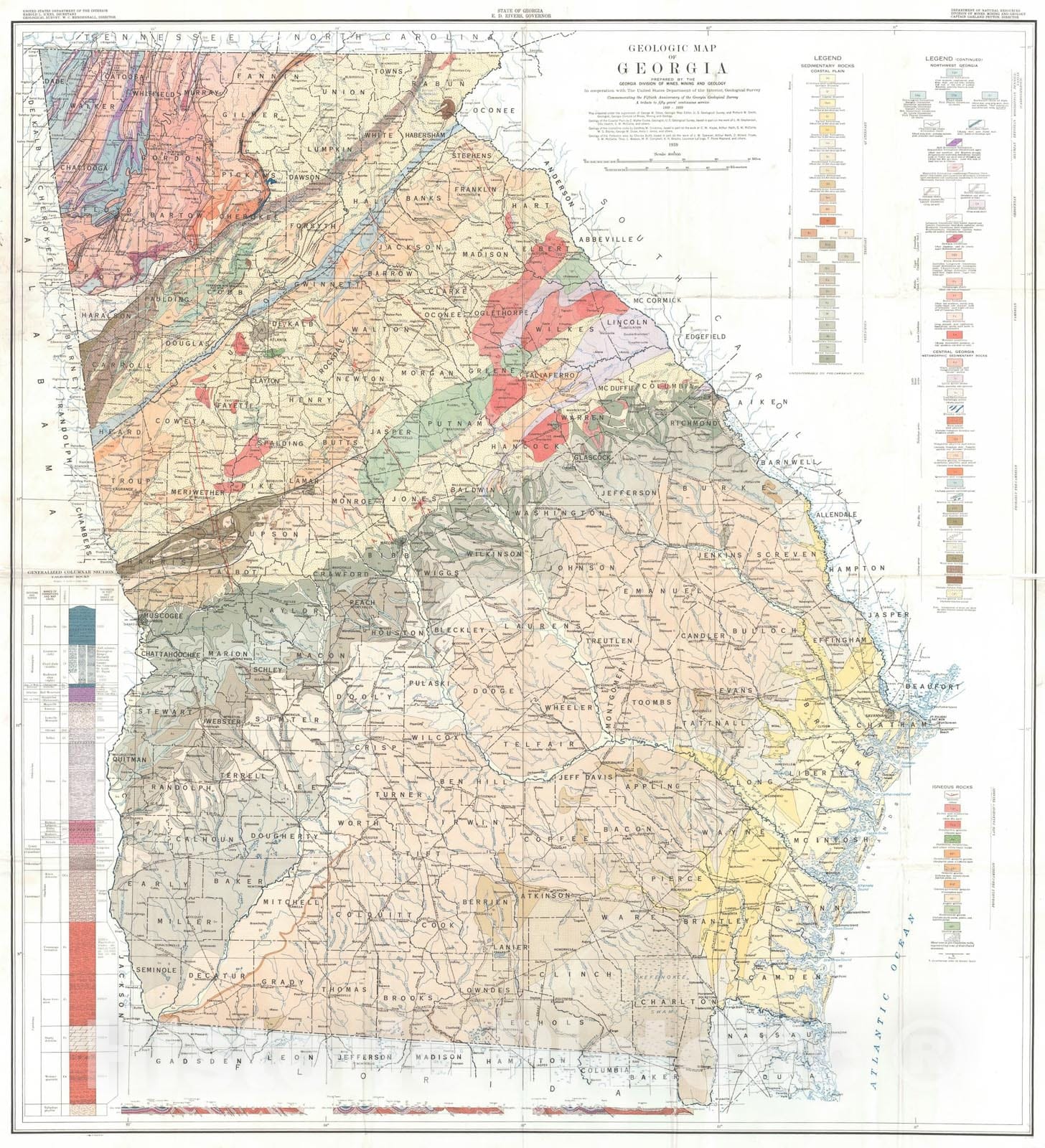 Map : Geologic map of Georgia, 1939 Cartography Wall Art :
