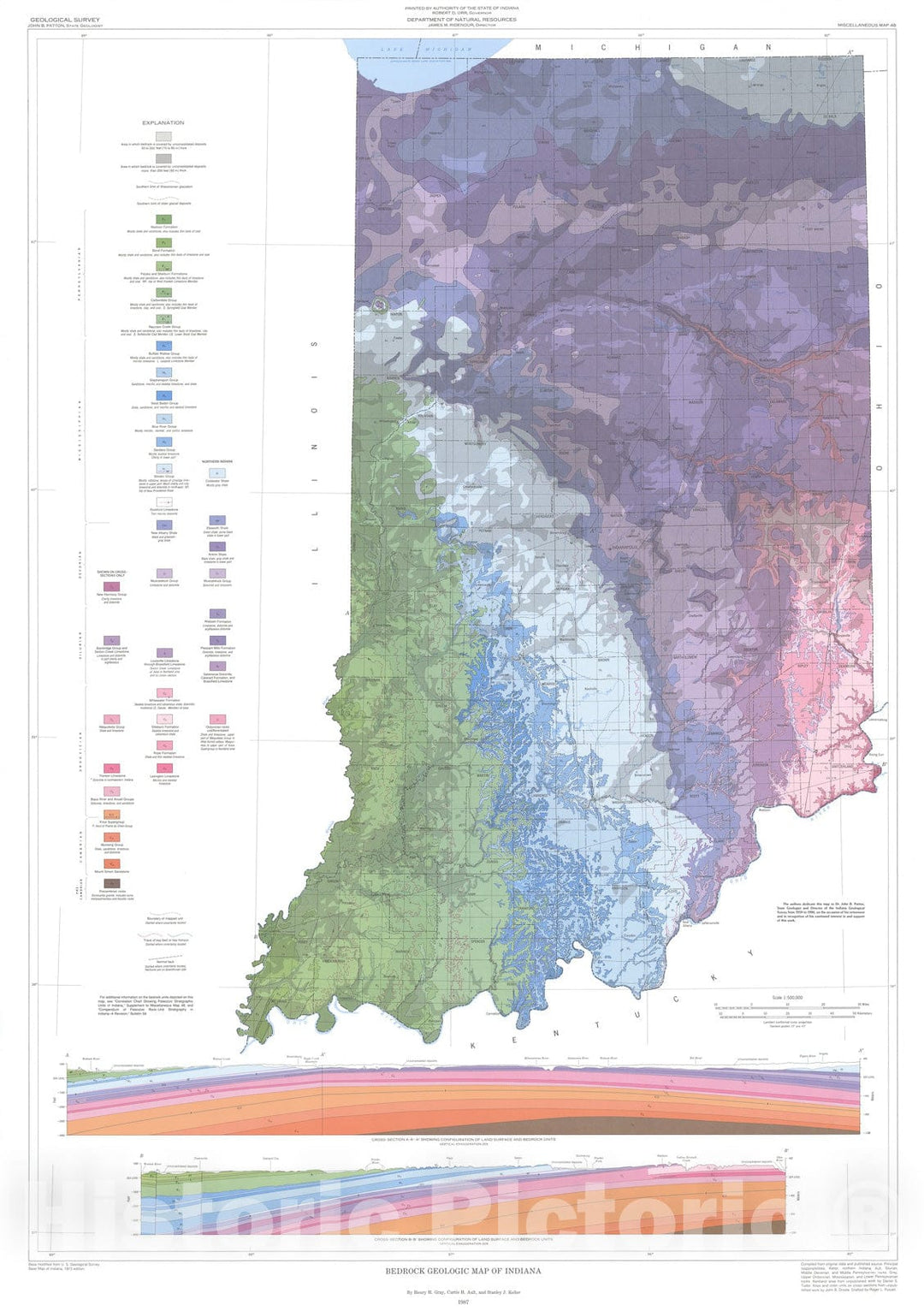 Map : Bedrock geologic map of Indiana, 1987 Cartography Wall Art :