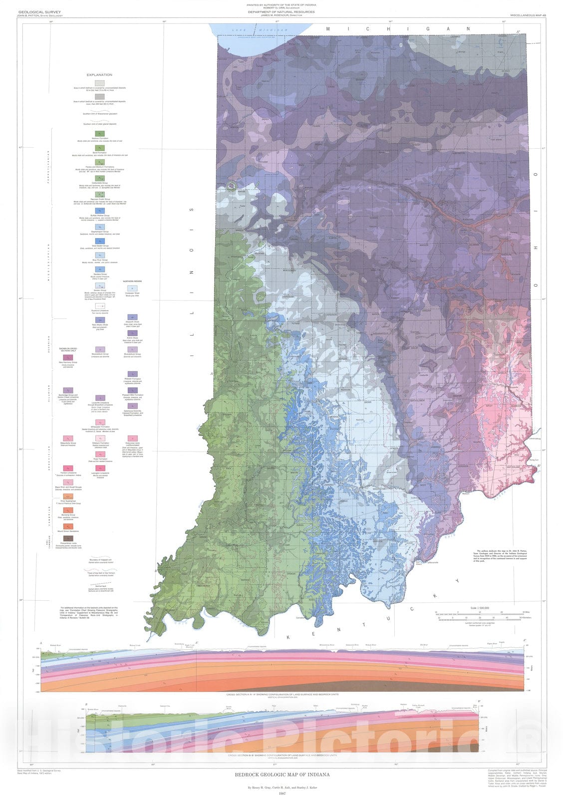 Map : Bedrock geologic map of Indiana, 1987 Cartography Wall Art :
