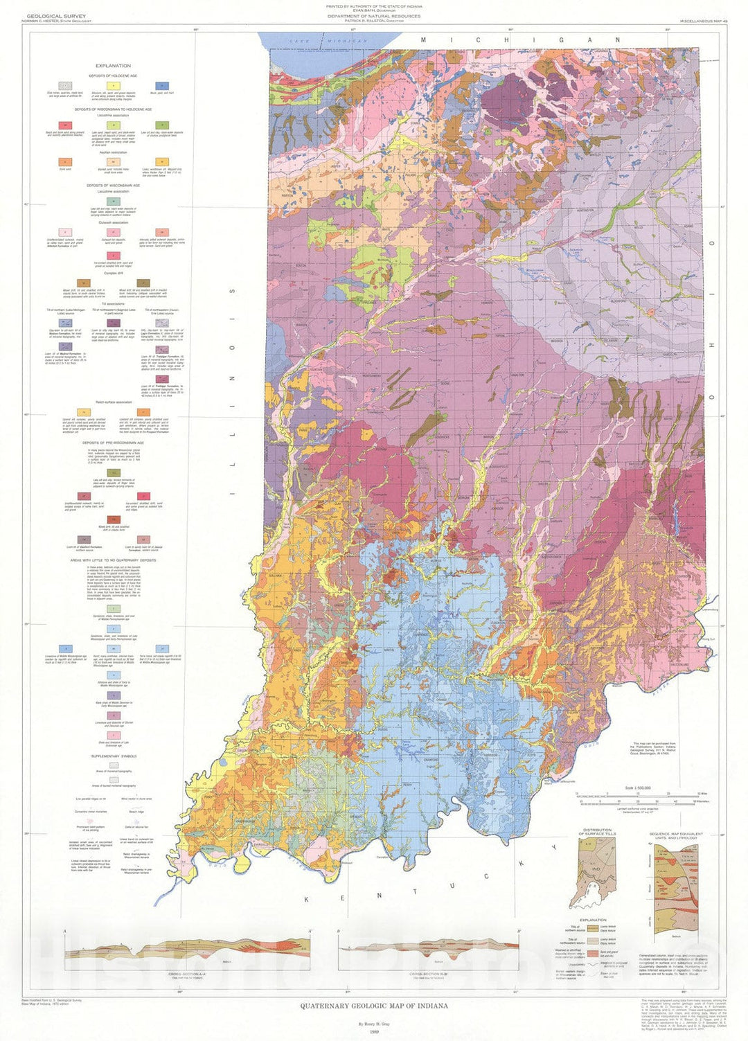 Map : Quaternary geologic map of Indiana, 1989 Cartography Wall Art :