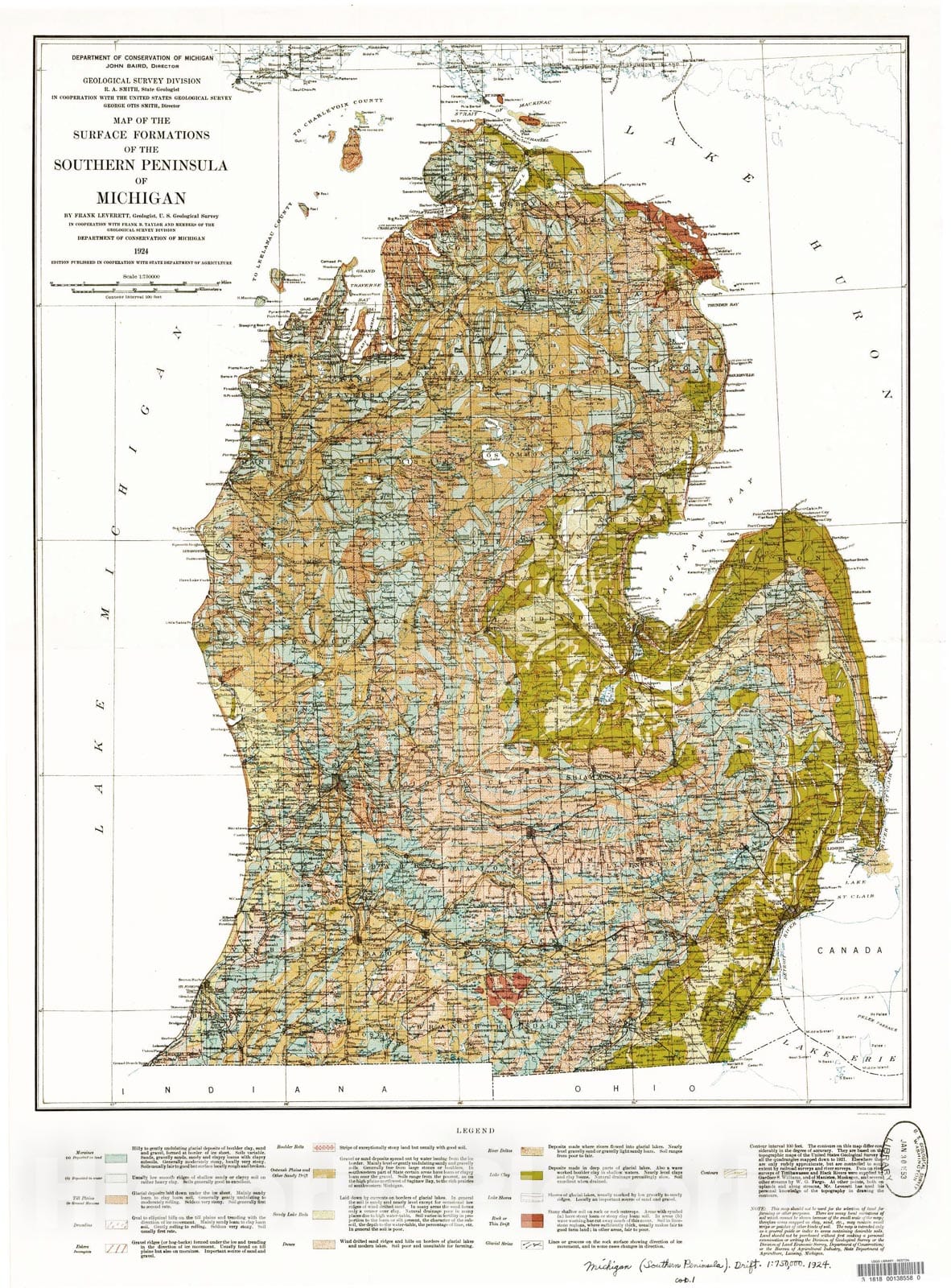 Map : Map of the surface formations of the southern peninsula of Michigan, 1924 Cartography Wall Art :