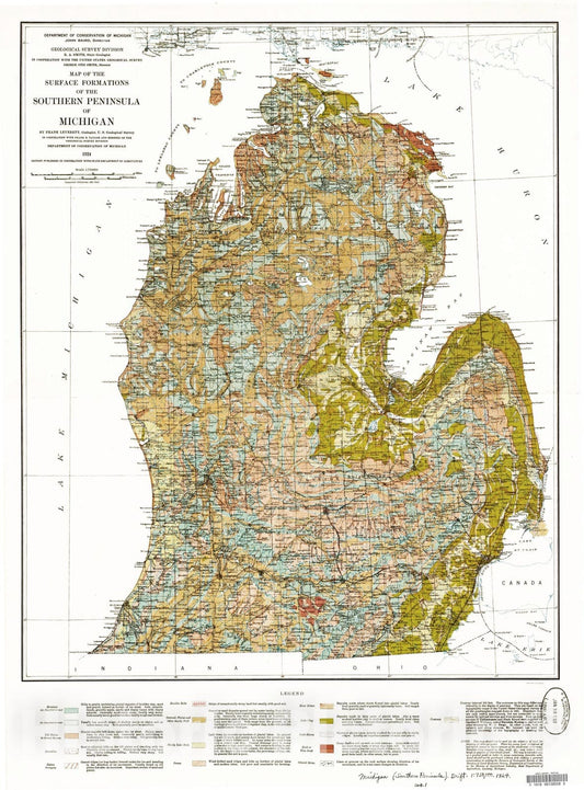 Map : Map of the surface formations of the southern peninsula of Michigan, 1924 Cartography Wall Art :