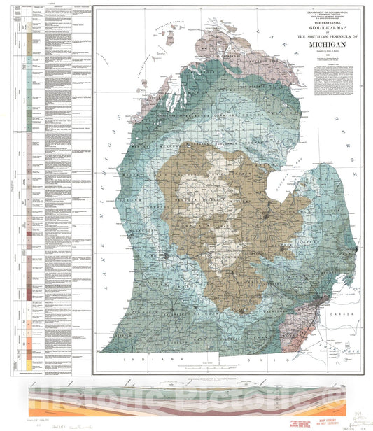 Map : The centennial geological map of the southern peninsula of Michigan, 1936 Cartography Wall Art :
