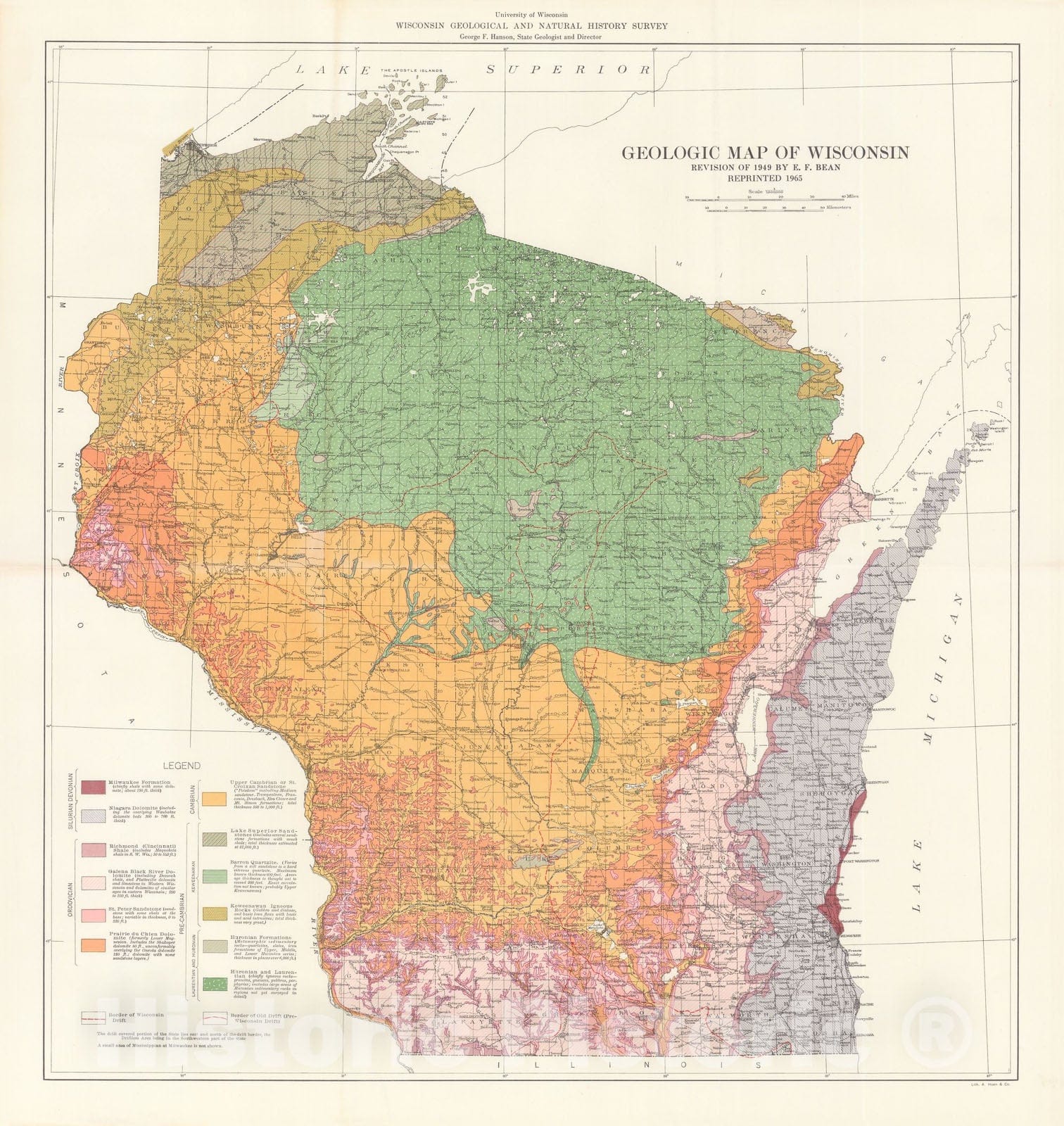 Map : Geologic map of Wisconsin [reprint of 1949 edition], 1965 Cartography Wall Art :