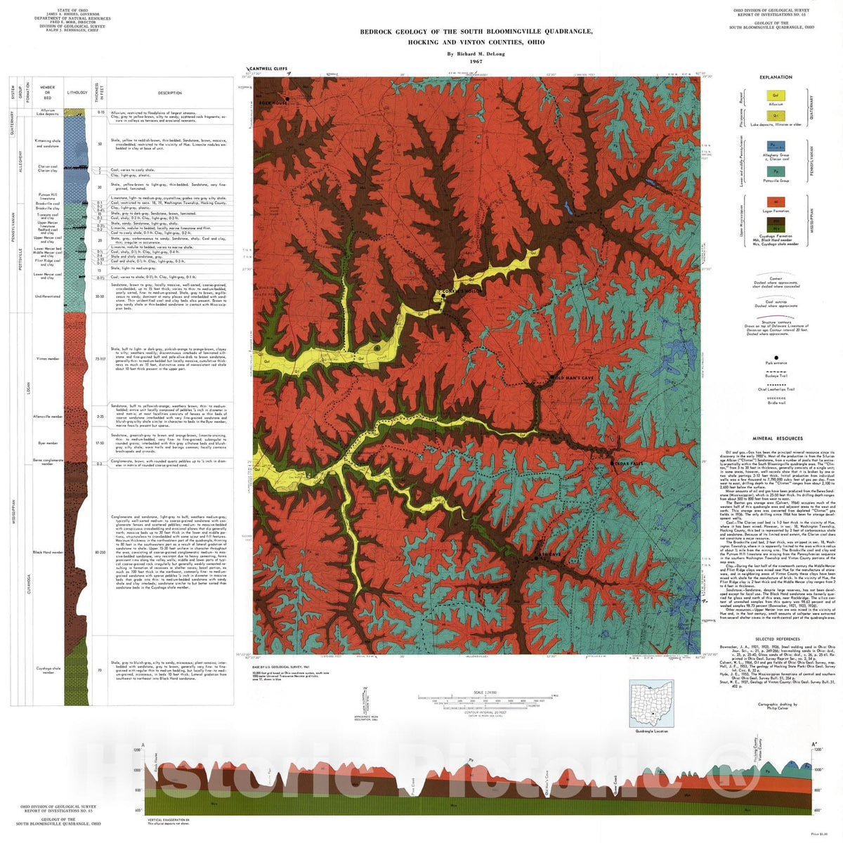 Map : Geology of the South Bloomingville quadrangle, Hocking and Vinton Counties, Ohio, 1967 Cartography Wall Art :