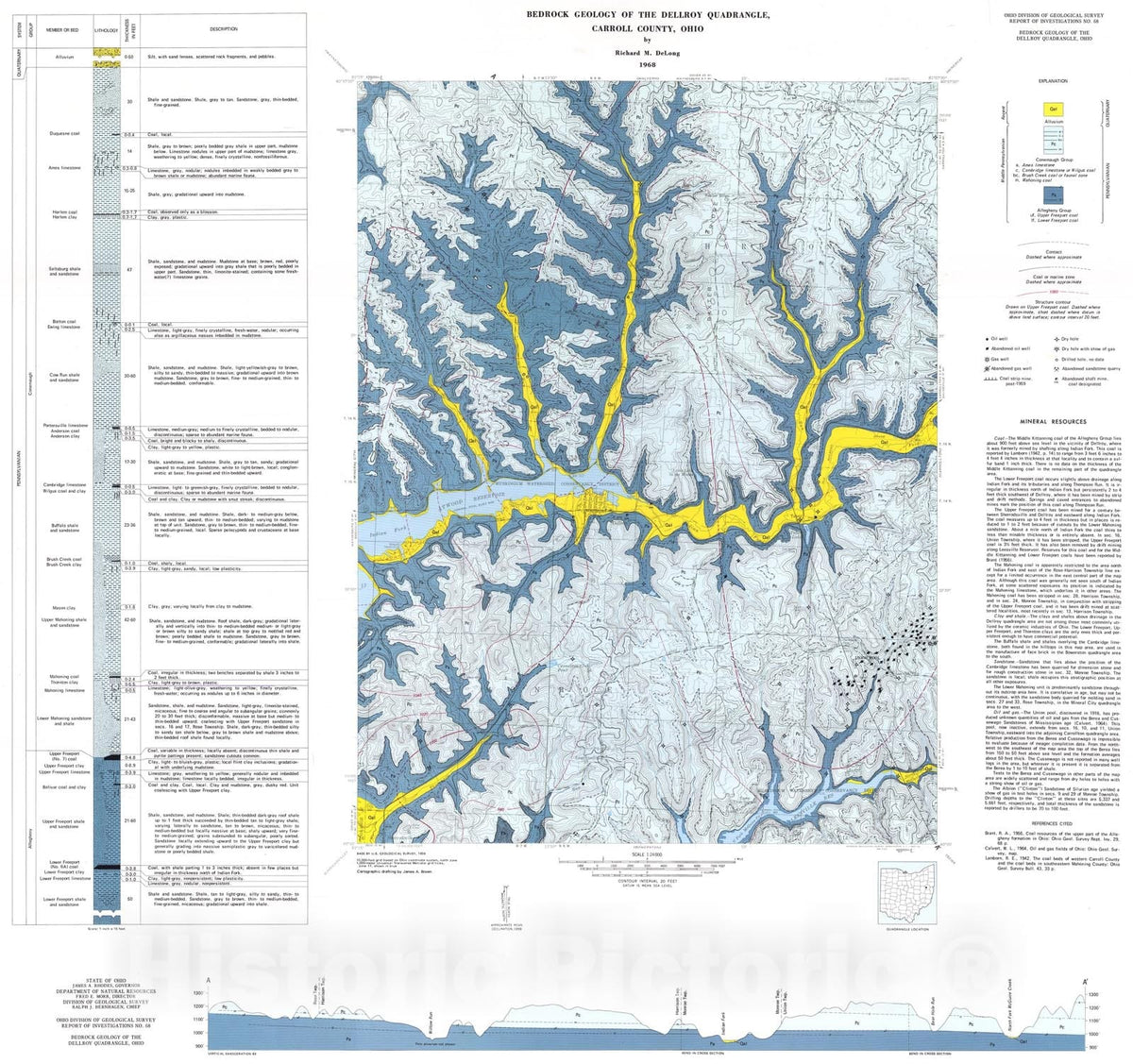 Map : Bedrock geology of the Dellroy quadrangle, Carroll County, Ohio, 1968 Cartography Wall Art :