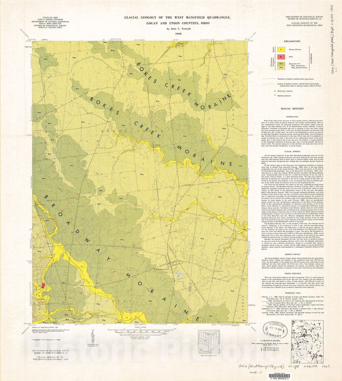 Map : Glacial geology of the West Mansfield quadrangle, Logan and Union Counties, Ohio, 1968 Cartography Wall Art :