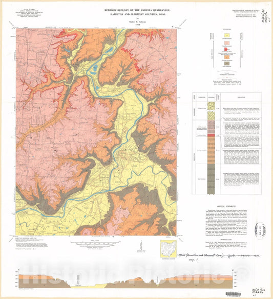 Map : Bedrock geology of the Madeira quadrangle, Hamilton and Clermont Counties, Ohio, 1970 Cartography Wall Art :