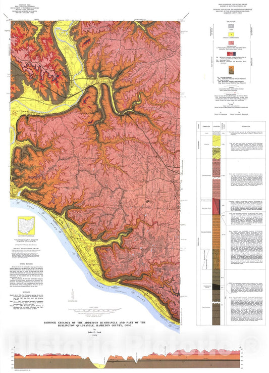 Map : Bedrock geology of the Addyston quadrangle and part of the Burlington quadrangle, Hamilton County, Ohio, 1972 Cartography Wall Art :
