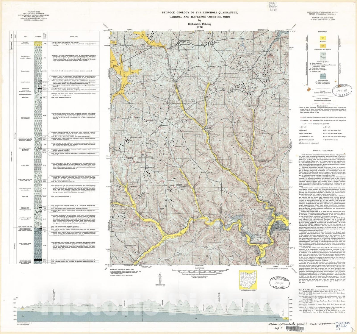 Map : Bedrock geology of the Bergholz quadrangle, Carroll and Jefferson Counties, Ohio, 1972 Cartography Wall Art :