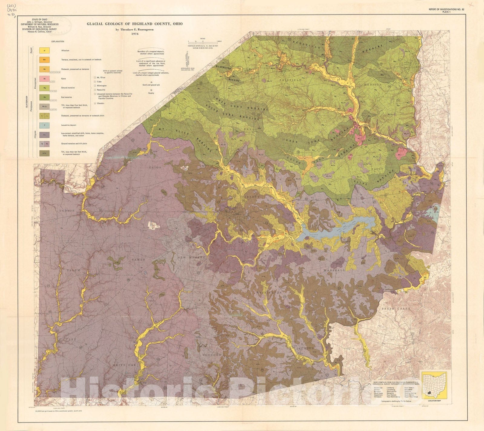 Map : Glacial geology of Highland County, Ohio, 1974 Cartography Wall Art :