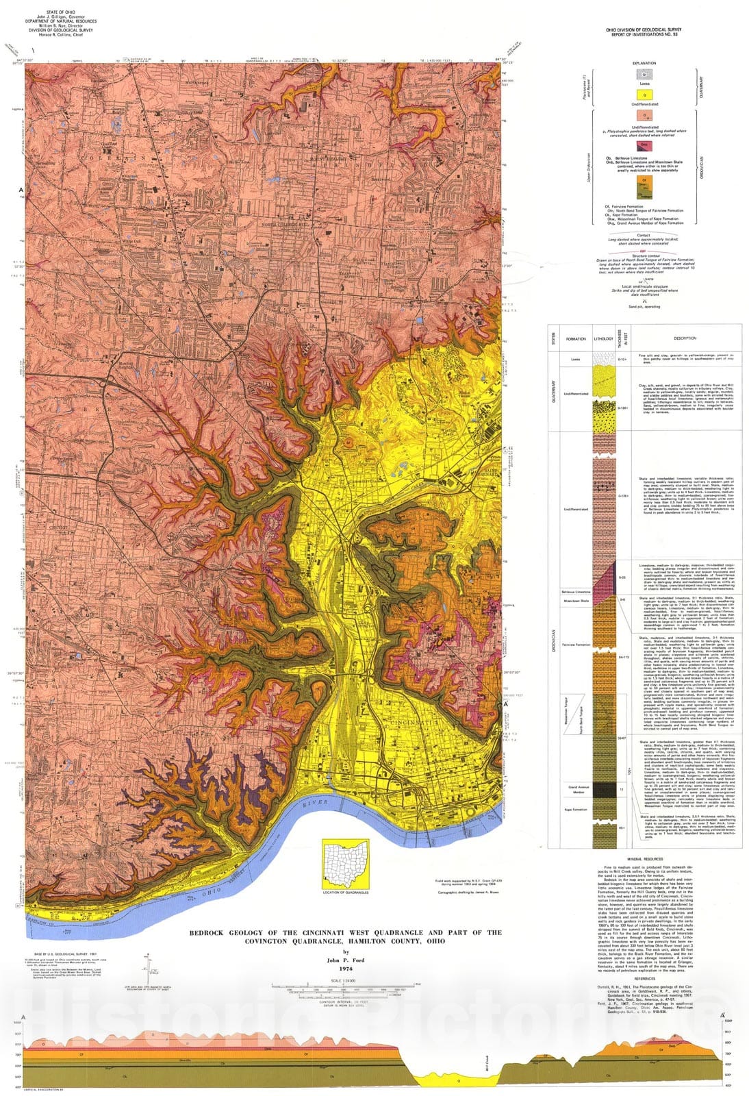Map : Bedrock geology of the Cincinnati West quadrangle and part of the Covington quadrangle, Hamilton County, Ohio, 1974 Cartography Wall Art :