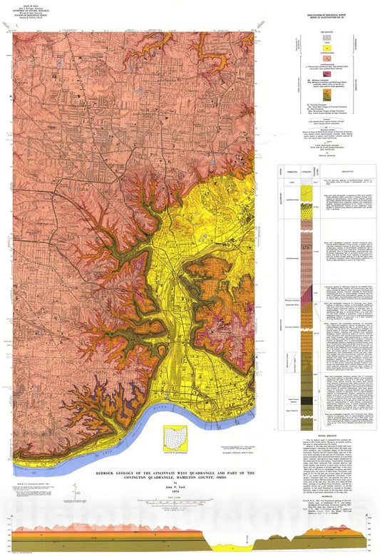 Map : Bedrock geology of the Cincinnati West quadrangle and part of the Covington quadrangle, Hamilton County, Ohio, 1974 Cartography Wall Art :