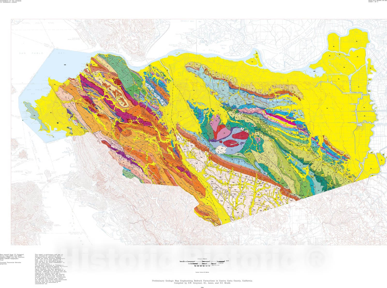 Map : Preliminary geologic map emphasizing bedrock formation in Contra Costa County, California, 1994 Cartography Wall Art :