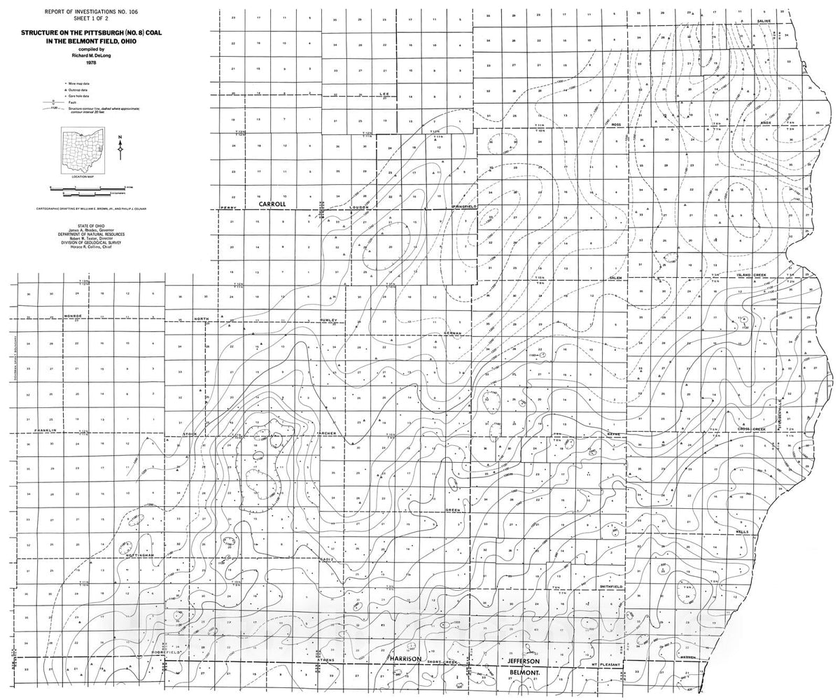 Map : Structure on the Pittsburgh (No. 8) coal in the Belmont field, Ohio, 1978 Cartography Wall Art :