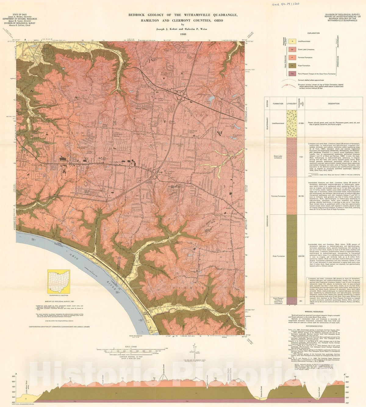 Map : Bedrock geology of the Withamsville quadrangle, Hamilton and Clermont Counties, Ohio, 1981 Cartography Wall Art :