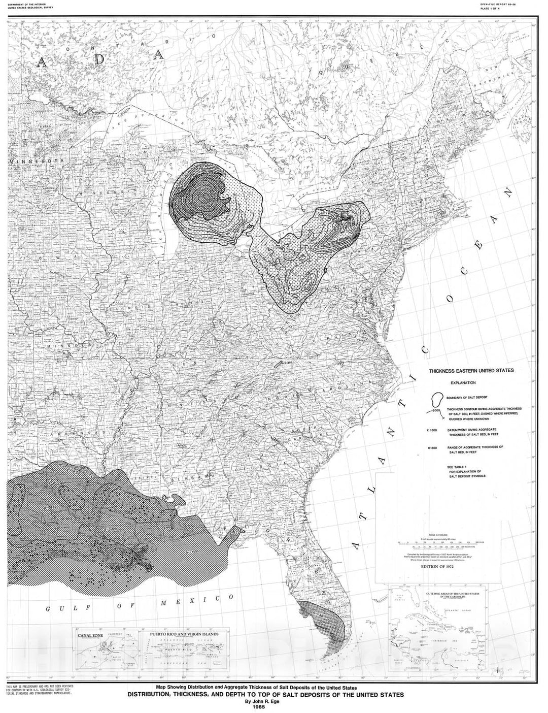 Map : Maps showing distribution, thickness, and depth of salt deposits of the United States, 1985 Cartography Wall Art :