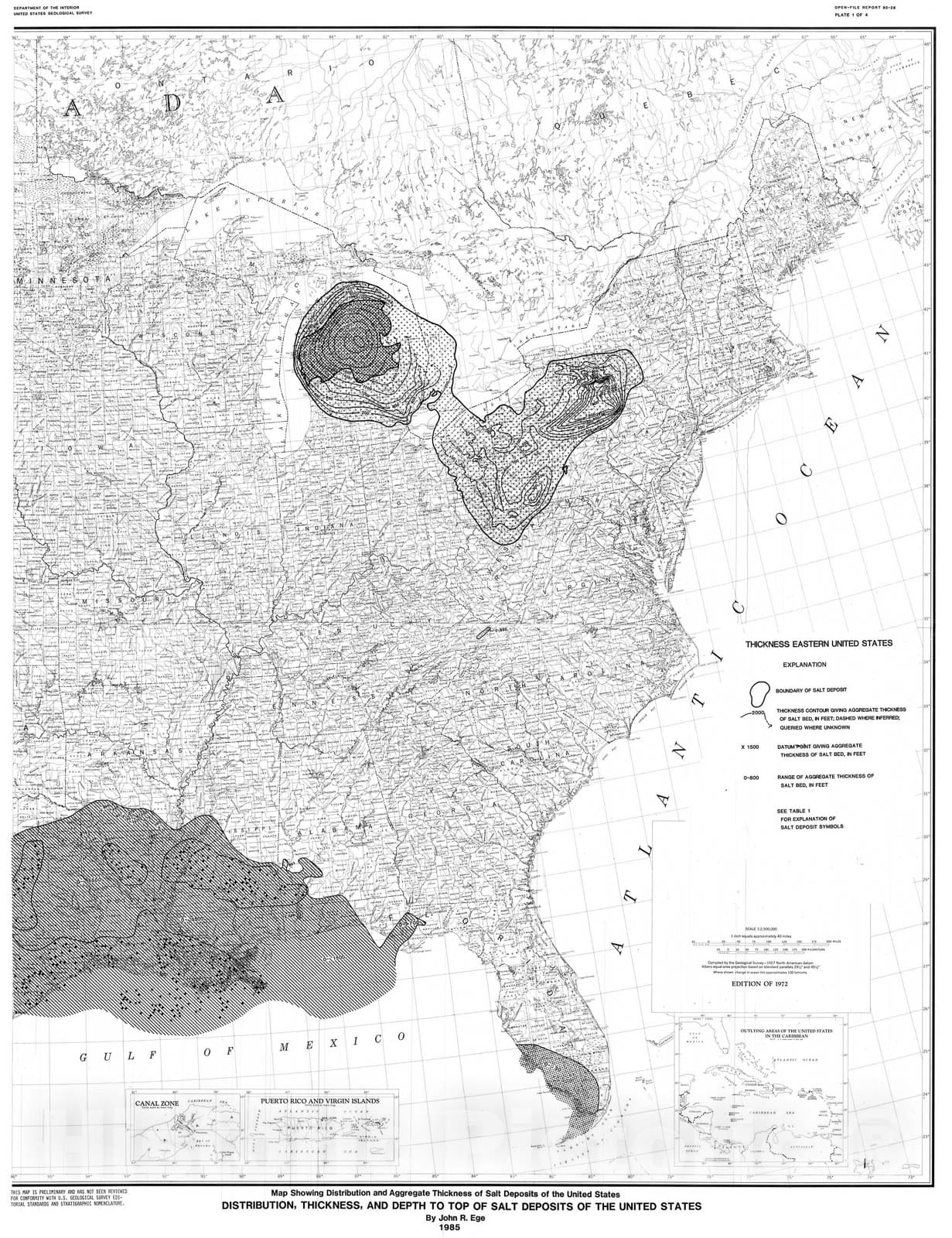 Map : Maps showing distribution, thickness, and depth of salt deposits of the United States, 1985 Cartography Wall Art :