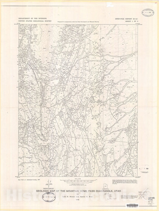 Map : Geologic map of the Mountain Home Pass and Miller Wash quadrangles, Millard and Beaver Counties, Utah, and Lincoln County, Nevada, 1985 Cartography Wall Art :