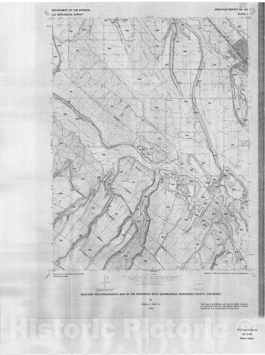 Map : Geologic reconnaissance map of the Montrose West quadrangle, Montrose County, Colorado, 1986 Cartography Wall Art :