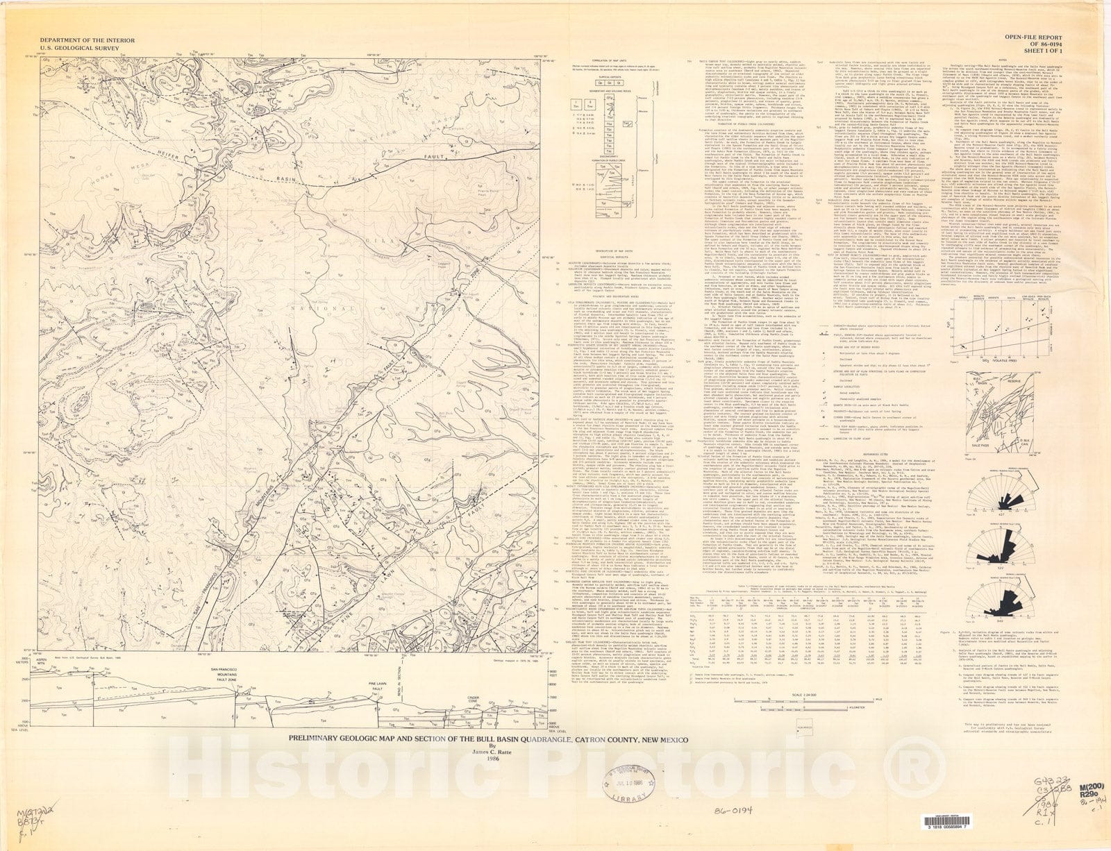 Map : Preliminary geologic map and section of the Bull Basin quadrangle, Catron County, New Mexico, 1986 Cartography Wall Art :