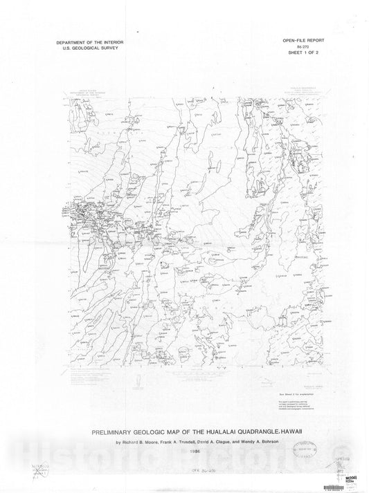 Map : Preliminary geologic map of the Hualalai quadrangle, Hawaii, 1986 Cartography Wall Art :
