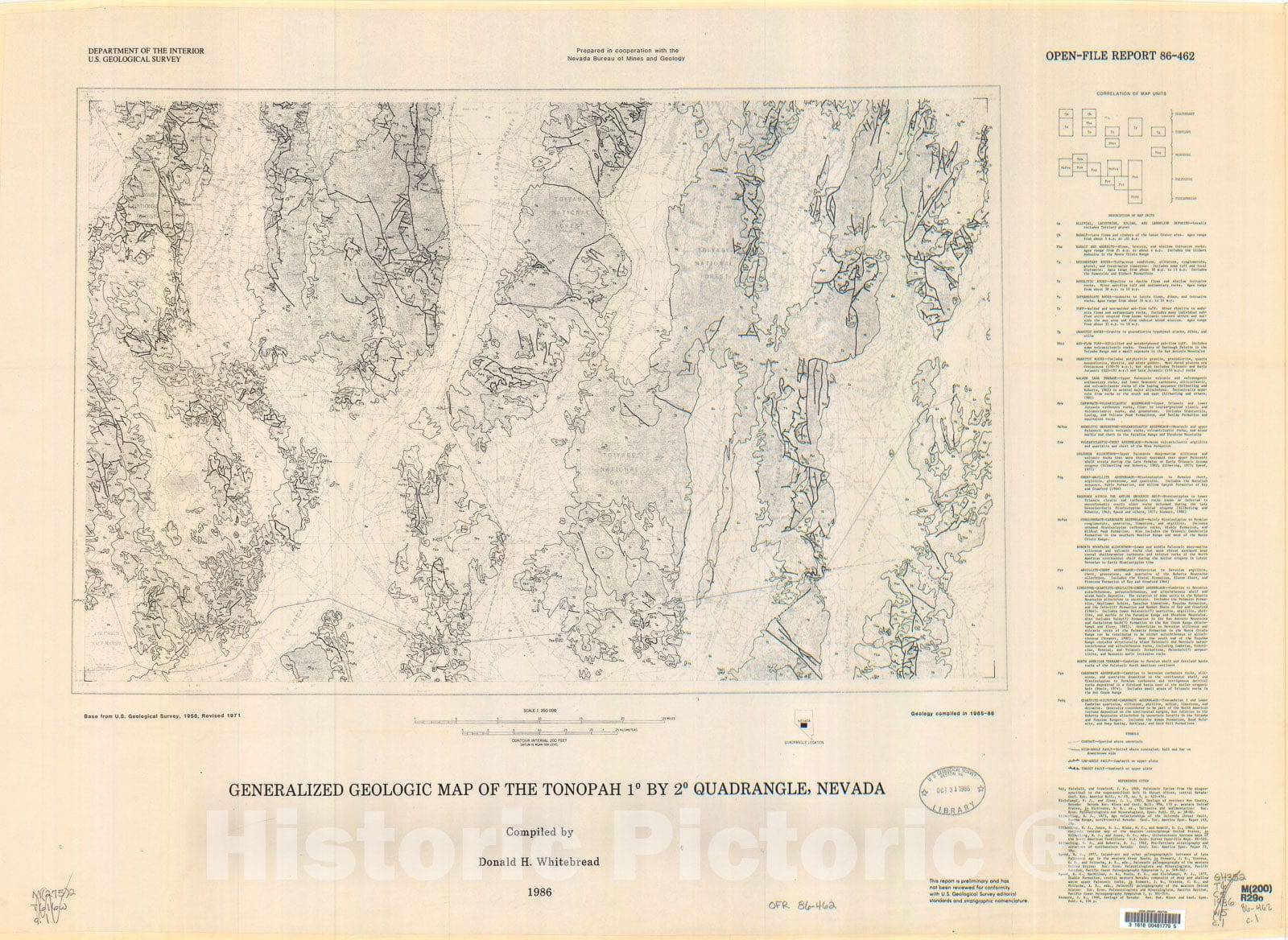 Map : Generalized geologic map of the Tonopah one degree x two degree quadrangle, Nevada, one986 Cartography Wall Art :