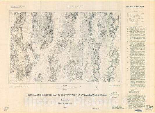 Map : Generalized geologic map of the Tonopah one degree x two degree quadrangle, Nevada, one986 Cartography Wall Art :
